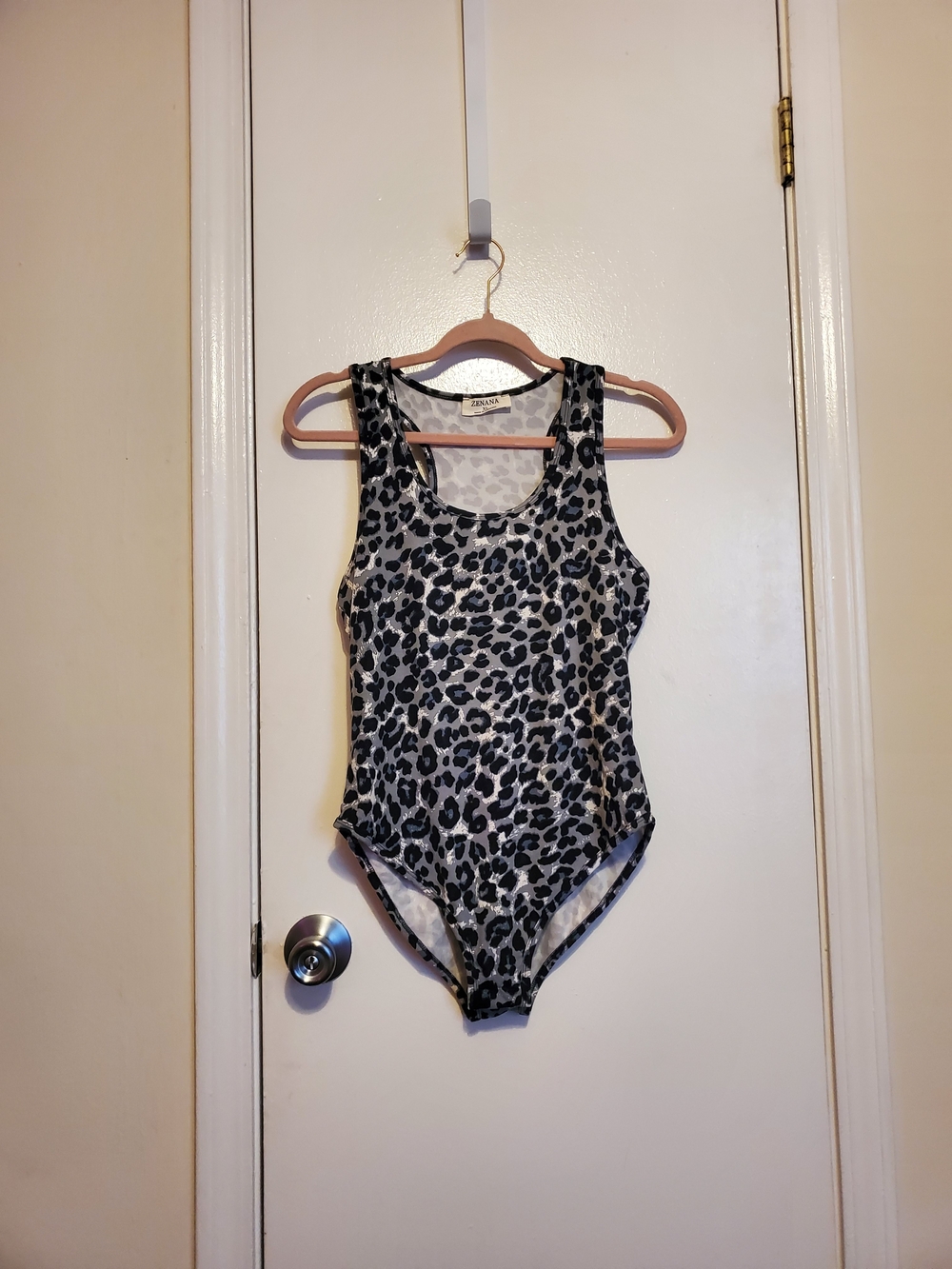 Zenana Outfitters Leopard Print Tank One-Piece Bodysuit - Black, White